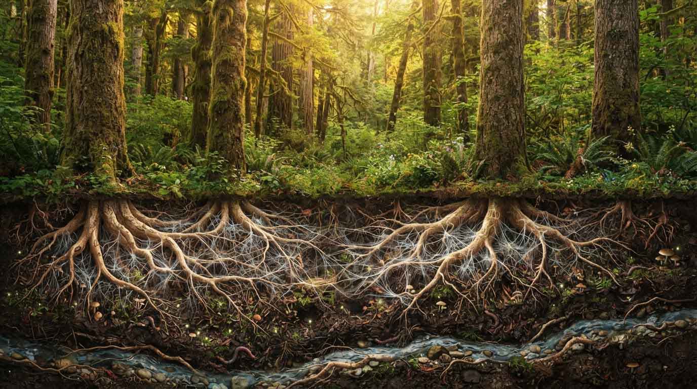 Healthy forest sustained by an underground network of tree roots and mycorrhizal fungi, representing interconnected structure and continuous support.