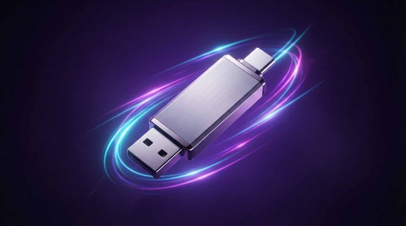 The Ultimate Storage Comparison and Why One Device Can Solve It All 4 Premium dual-interface USB flash drive with USB-A and USB-C connectors on a glowing purple background.